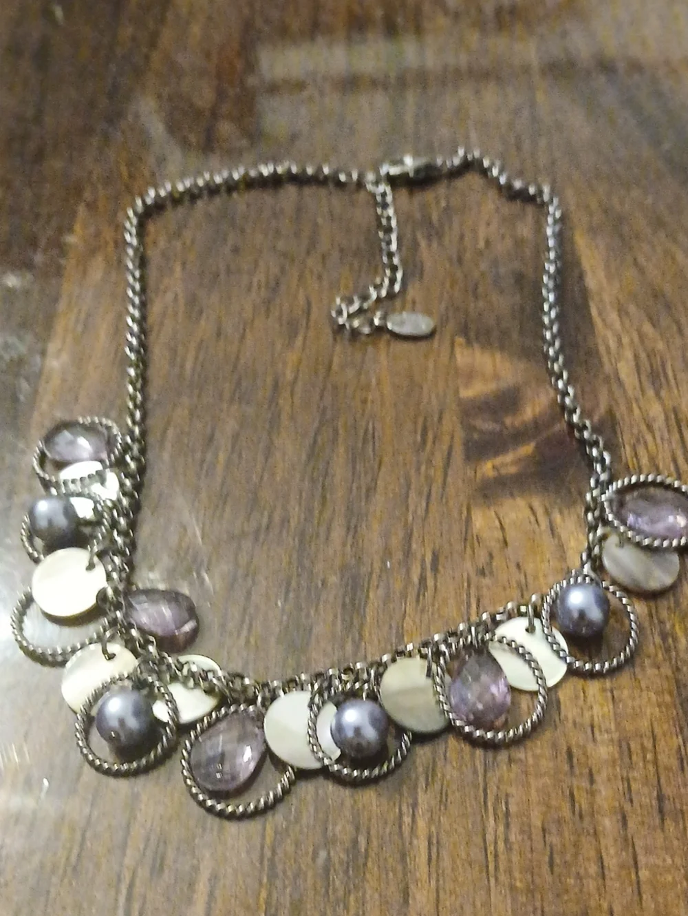 CookievLee Silver-Tone Purple Faux Pearl & Mother-of-Pearl Disc Necklace